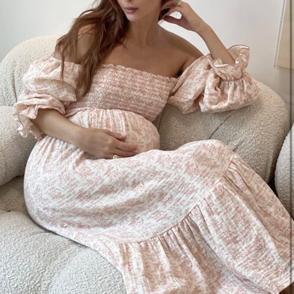 Smocked Off-Shoulder Midi Dress in Blush Pink